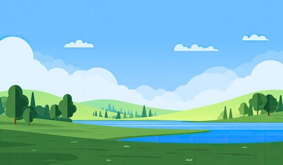 Fototapeta premium Cartoon landscape serene lake nestled between green hills under a blue sky