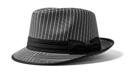Black and white textured fedora hat with a black ribbon band. Isolated on a white background.
