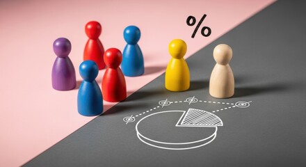 Colorful pawns on a divided background with a pie chart and percent symbol.