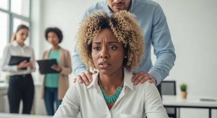 Woman looks distressed as a man places hands on her shoulders in an office with others observing.