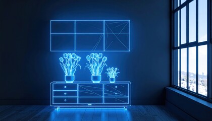 Digital Blueprint of Modern Room Interior with Glowing Neon Furniture and Potted Plants