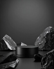 Black product display podium with natural rough rocks on a dark minimalist background 3D render for luxury product presentation