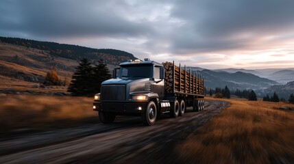 A dump truck hauls firewood along a rural dirt road, set against rolling hills during golden hour, evoking a sense of rustic lifestyle and delivery transport.