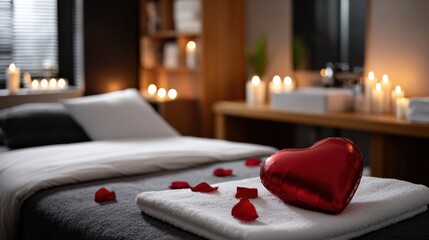 Luxurious spa scene with rose petals, heart-shaped balloon, and candles creating a romantic, serene atmosphere ideal for Valentine's promotions or wellness marketing.