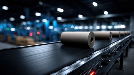 Conveyor belt with large paper rolls in a modern, clean paper mill. Ideal for industry and manufacturing concepts.