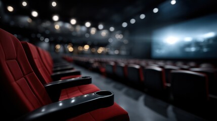 Empty modern cinema hall with plush red armchairs facing a glowing screen, creating a captivating entertainment atmosphere.