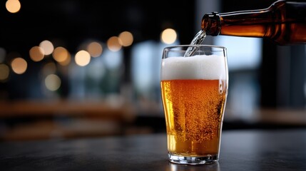 A glass of beer fills with frothy amber liquid in a warm, cozy pub atmosphere, capturing bubbling carbonation and inviting light reflections.
