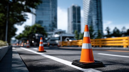 Orange traffic cones and yellow barriers lining a city street in a construction zone with modern skyscrapers in the background, ideal for urban infrastructure themes.