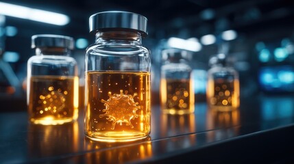Vials with glowing liquid and virus model inside a laboratory setting, reflecting scientific research and medical innovation.