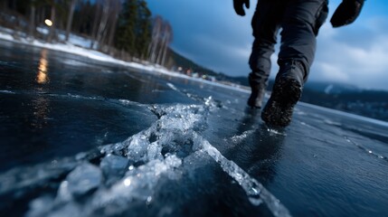 Person walking on cracked ice over dark water, highlighting risk and adventure in a winter landscape with cool tones.