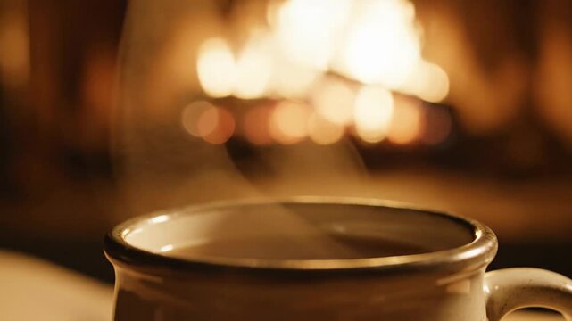 Cozy Evening by the Fireplace with a Warm Drink.