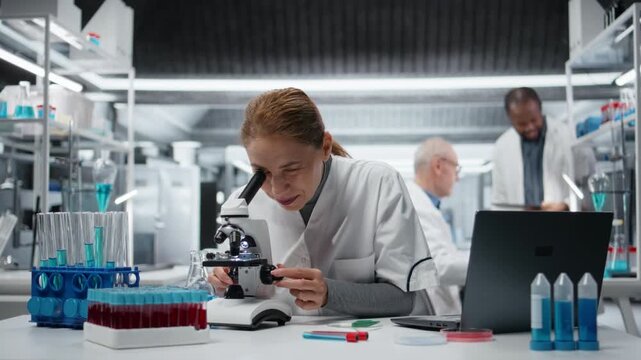 Portrait of smiling scientist examining pathology slides under microscope in research center. Happy woman driving medical innovation through dedicated cellular analysis work, camera A
