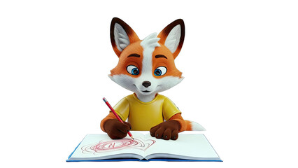 Fototapeta premium Cartoon Fox Drawing in a Sketchbook with a Pencil