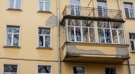 Peeling plaster on a weathered yellow apartment building facade with a glass-enclosed balcony and reflective windows.
