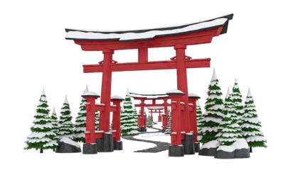 Snow-Covered Torii Gates and Pine Trees Path
