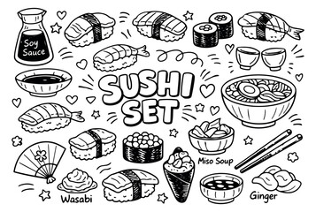 Hand drawn line art sushi set featuring nigiri, maki, soy sauce, and miso soup for menu design