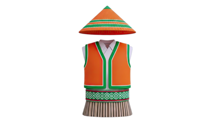 Traditional Orange and Green Vest and Conical Hat Outfit