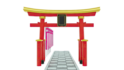 Traditional Japanese Torii Gate with Banners and Pathway