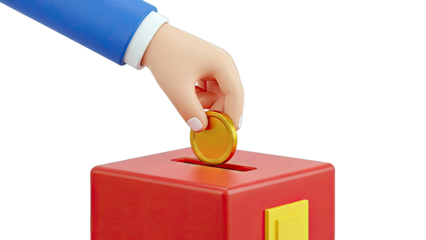 Hand dropping gold coin into red donation box