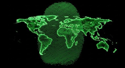 Digital fingerprint with world map overlay glowing green on a black background.