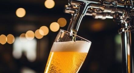 Golden beer with frothy head pouring from tap into glass with bokeh lights in background.
