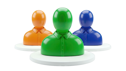 Three colorful abstract figures in shirts, symbolizing team or diversity