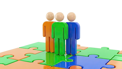 Three stylized people figures on a jigsaw puzzle base