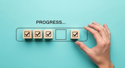 Hand places a check mark cube into a progress bar on a teal background.