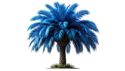 A vibrant, azure palm tree with a textured trunk, standing against a pure black background