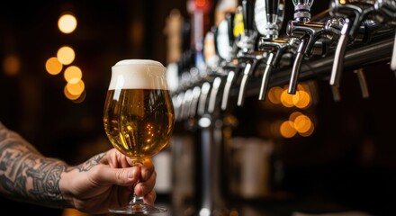 A tattooed hand holds a glass of golden beer near a beer tap with bokeh lights in the background.