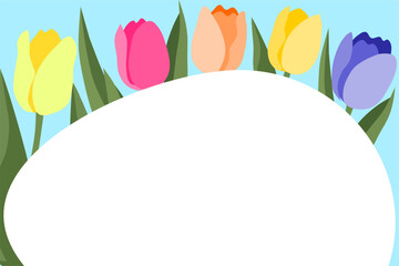 Horizontal Easter banner featuring a row of colorful tulips behind a large white curved space for text.
