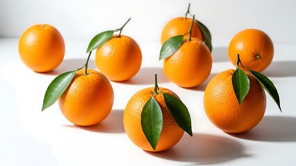 Fresh Oranges with Leaves on White Background
