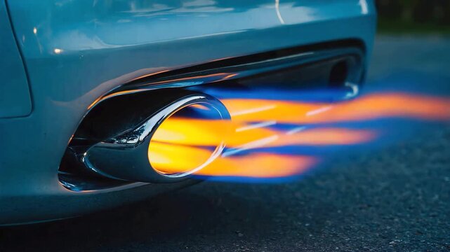 Blue Sports Car Exhausting Flames on Asphalt Road