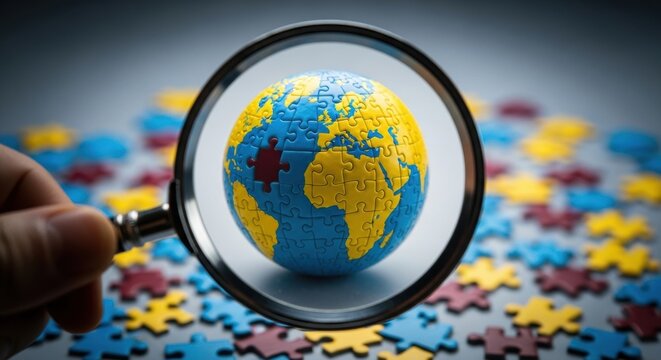 A hand holds a magnifying glass over a puzzle globe, symbolizing autism awareness and global understanding. - Powered by Adobe