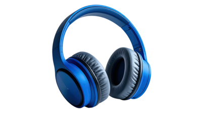 A vibrant blue over-ear headphone, detailed, isolated against a black background