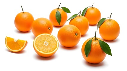 Fresh Oranges with Leaves on White Background