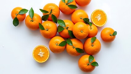 Fresh Oranges with Leaves on White Background