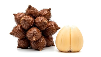 Cluster of Brown Spiky Fruits and a Beige Seed Pod