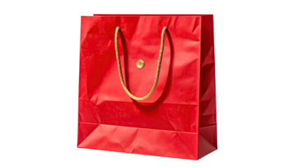 A vibrant, bright red gift bag, crinkled with gold rope handles, against a black background