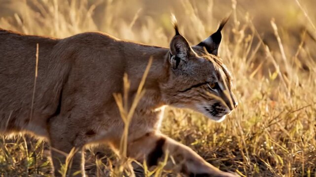 Wildcat stalking through tall grass in golden sunset light with slow camera movement capturing stealthy behavior and natural environment