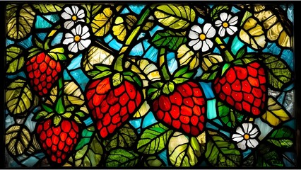 Stained glass strawberry fruit, leaves and flowers 