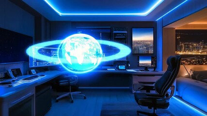 Futuristic High-Tech Home Office with Holographic Earth and Blue LED Lighting - Powered by Adobe