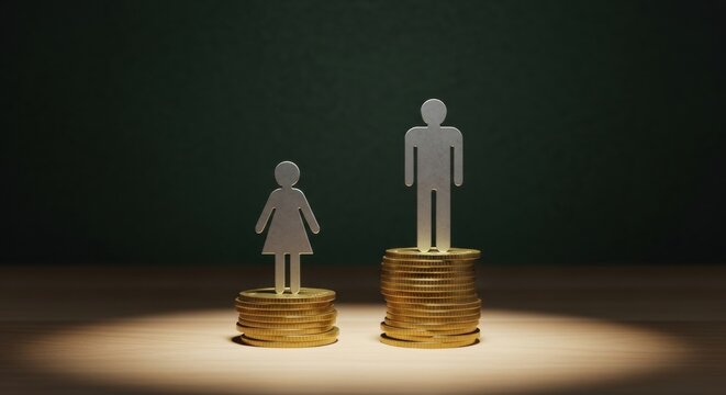 Gender pay gap visualized with female and male figures on different coin stacks.