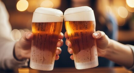 Two hands clinking glasses of beer with frothy heads indoors, soft bokeh lights in background.