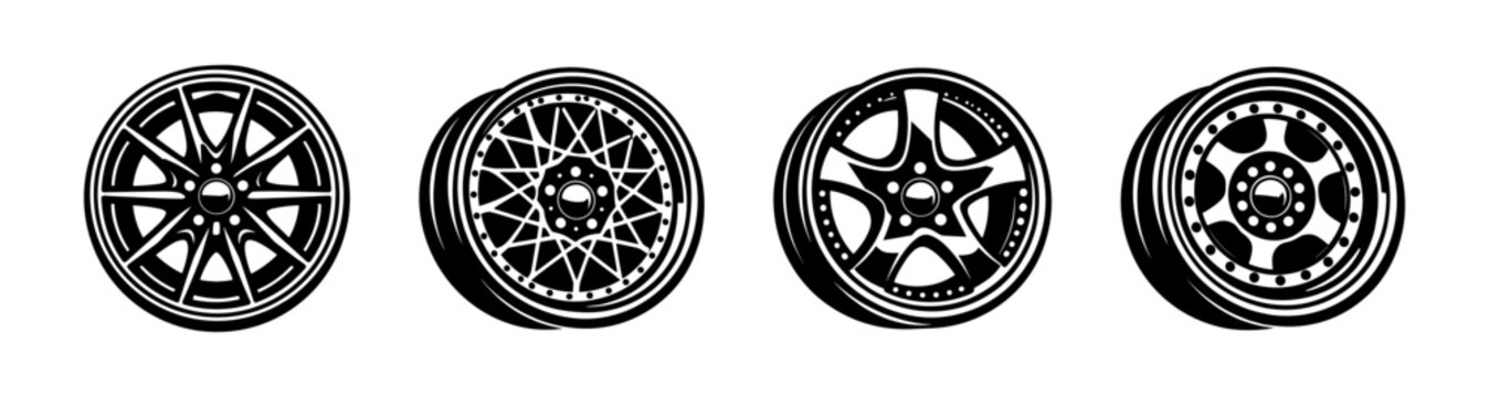 Wheel vector icons set. automotive, car rims, tire design symbols