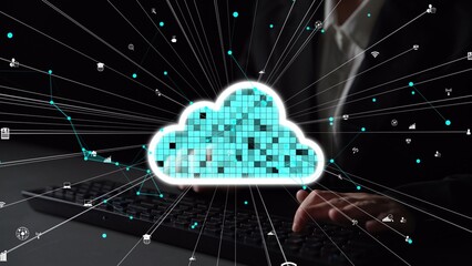 This visually striking image illustrates cloud computing with digital icons radiating from a cloud symbol, emphasizing data connectivity and technology in a sleek environment. Xenic