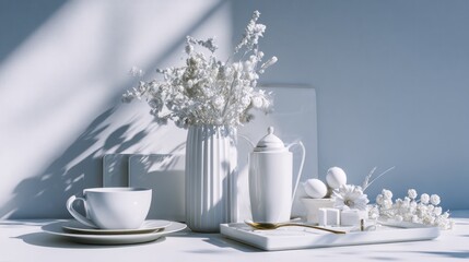 Ethereal white still life composition with gentle shadows and elegant simplicity