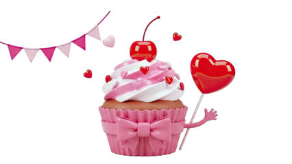 Valentine's Day Cupcake with Cherry, Heart Lollipop, and Bunting