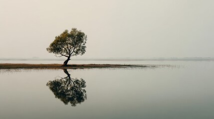 solitary tree on a small island surrounded by a large lake