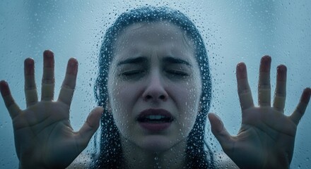 Close-up of a woman crying behind a glass pane covered in raindrops, her hands pressed against the surface.